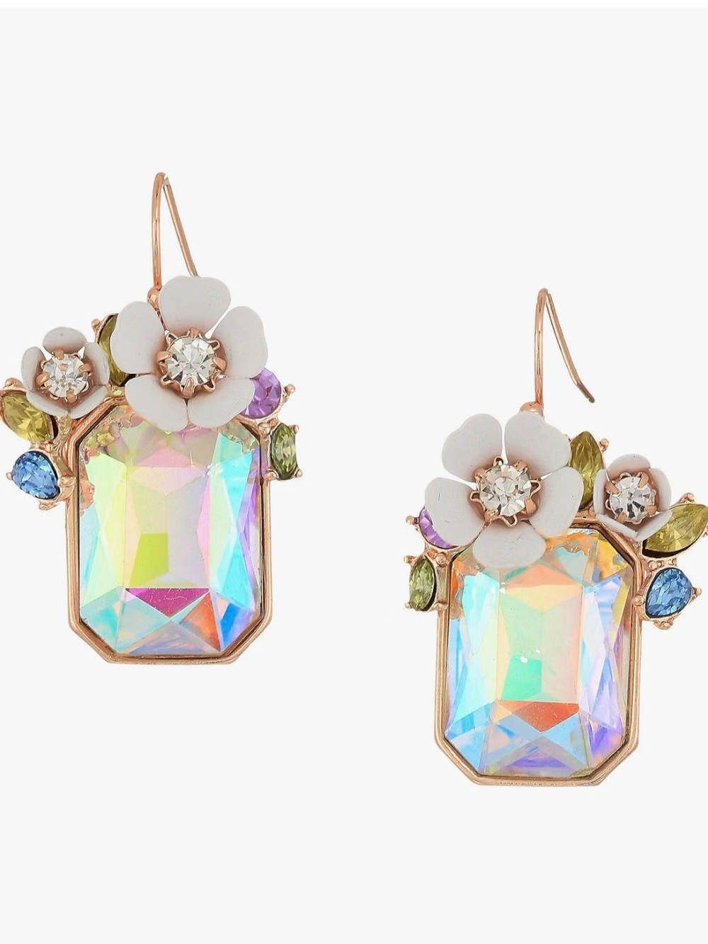 Betsey Johnson Iridescent Crystal Floral Drop Earrings - White, Multicolor